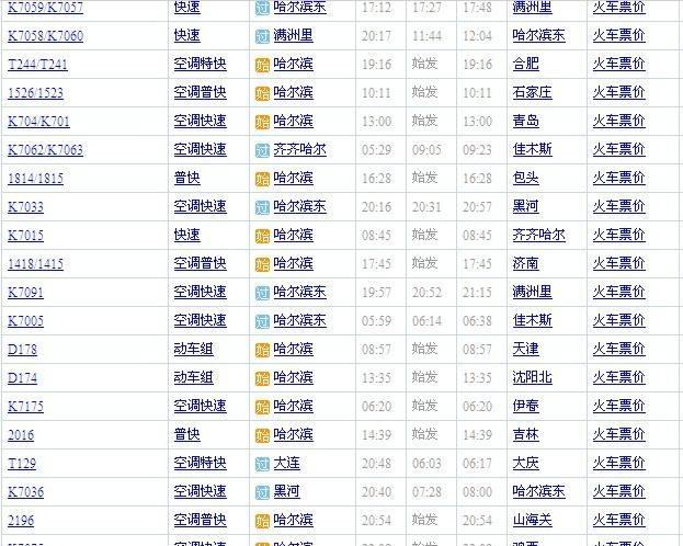 哈尔滨最新火车时刻表，各地通达信息一览